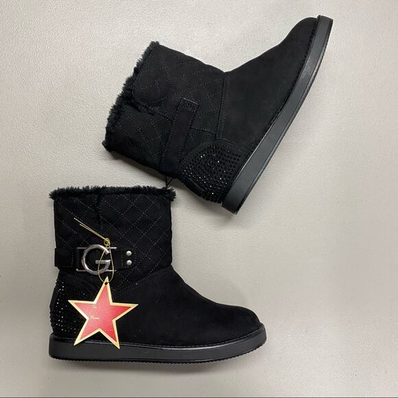 GBG Guess Black Boots Faux Fur Sock Lining G Logo Buckle Studded Heel Size 6 - Picture 1 of 8